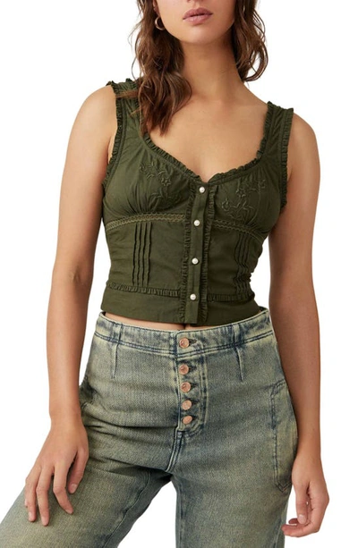 Free People Kerry Crop Embroidered Lace Inset Cotton Tank In Sea Lion