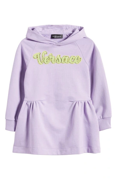 Versace Kids' Logo Appliqué Gathered Cotton Sweatshirt Dress In Baby Violet Acid Lime