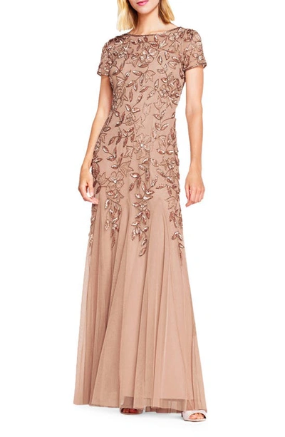 Adrianna Papell Floral Embroidered Beaded Trumpet Gown In Rose Gold