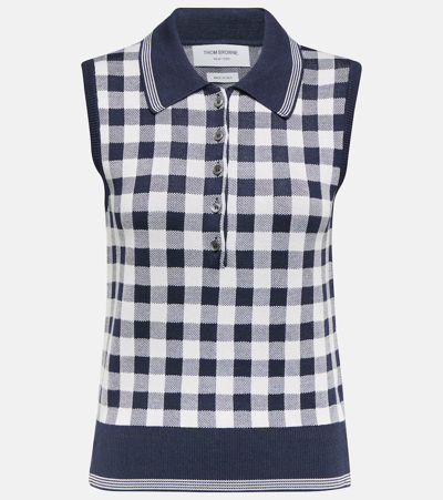 Thom Browne Gingham-jacquard Sleeveless Polo Top In 415 Navy