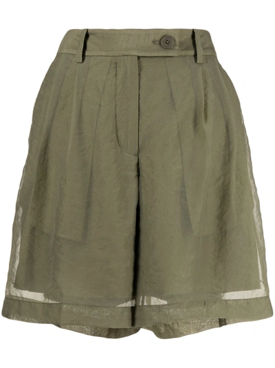 Helmut Lang Pleated Sheer Shorts In Military Green