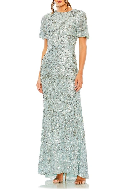 Mac Duggal Flutter Sleeve Sequin High Neck Dress In French Blue