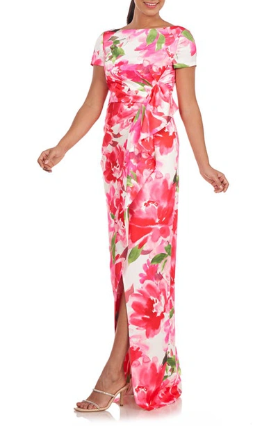 Kay Unger Spring Watercolor-print Ruffle Column Gown In Pink