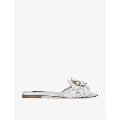 Dolce & Gabbana Bianca Brooch-embellished Lace And Mesh Sandals In Grey