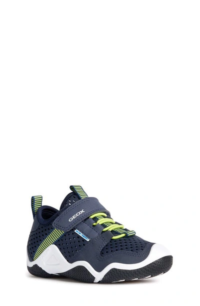 Geox Boy's Water-resistant Faux-leather Sneakers, Toddler/kids In Navy/ Lime