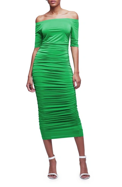 L Agence Sequoia Ruched Off-shoulder Midi Dress In Grass Green