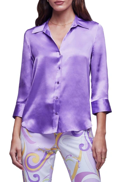 L Agence Dani Silk Satin 3/4-sleeve Button-down Blouse In Orchid
