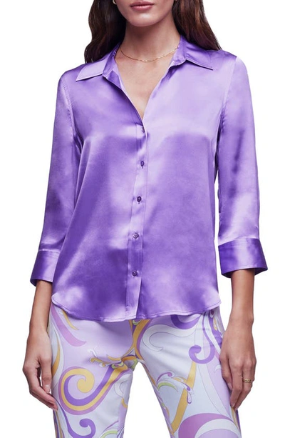 L Agence Dani Silk Satin 3/4-sleeve Button-down Blouse In Purple