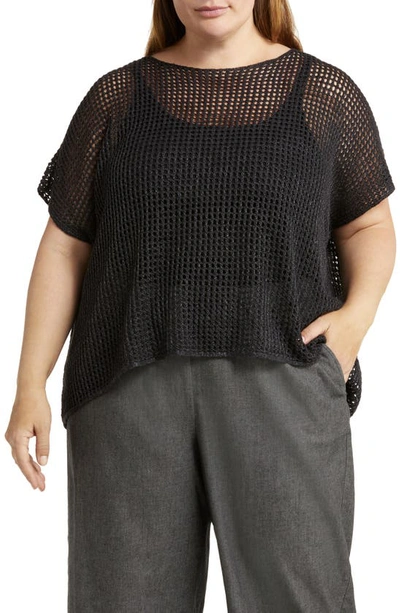 Eileen Fisher Open-stitch Bateau-neck Dolman-sleeve Sweater In Black