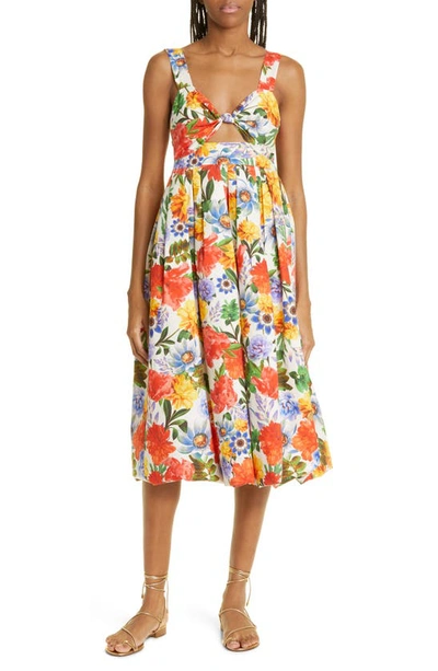 Cara Cara Laurel Floral Cotton Knotted Cutout Midi Dress In Egret Blossoms