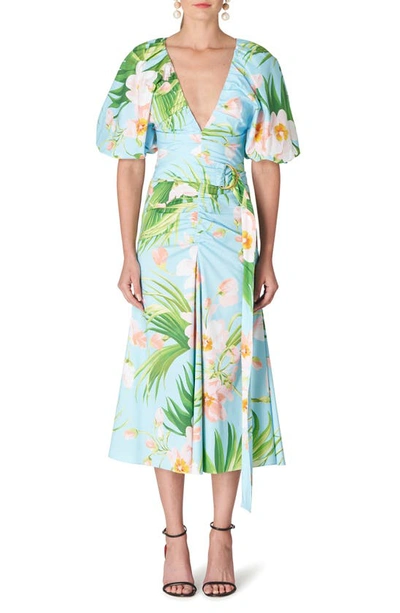 Carolina Herrera Floral-print Ruched Front Midi Dress With Belted Waist In Multi