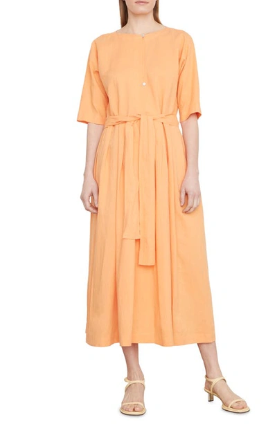 Vince Boat-neck Belted Linen-cotton Midi Dress In Kumquat