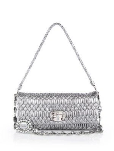 Miu Miu Nappa Crystal Embellished Metallic Leather Shoulder Bag In Cromo Silver