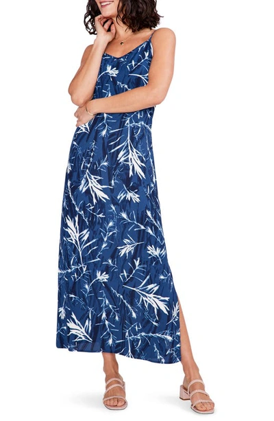 Nic + Zoe Side-slit Botanical-print Slip Dress In Blue Multi
