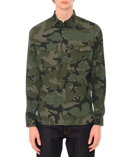 Valentino Camo-print Long-sleeve Military Shirt, Green Multi