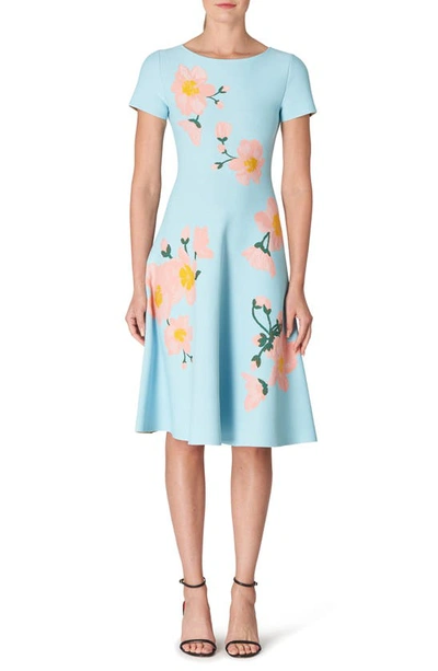 Carolina Herrera Short-sleeve Midi Dress With Intarsia Knit Floral Details In Blue
