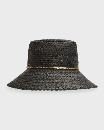 Helen Kaminski Jetta Raffia Bucket Hat With A Golden Chain In Black