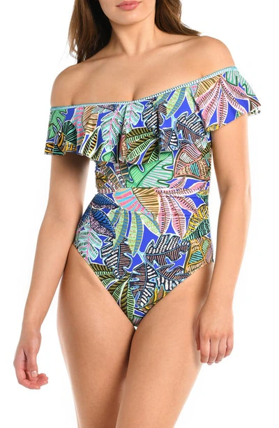 La Blanca Neon Off-shoulder Mio One-piece Swimsuit In Green Blue Multi