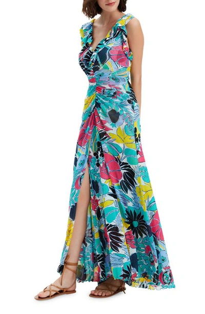 Diane Von Furstenberg Sean Ruched Floral-print Ruffle Maxi Dress In Gd Of Eart Dl Sum Tq