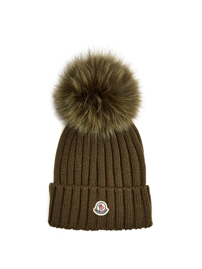 Moncler Fur-pompom Wool Beanie Hat In Khaki | ModeSens