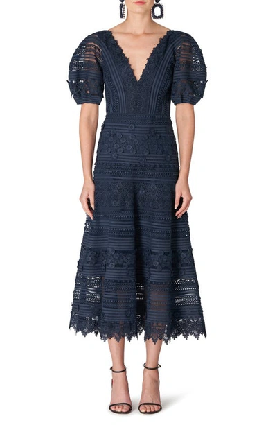 Carolina Herrera Floral Embroidered Puff-sleeve Midi Dress In Blue