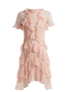 Alexander Mcqueen Short-sleeve Lace-knit Ruffle Mini Dress In Pink