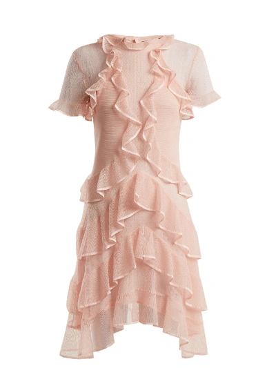 Alexander Mcqueen Short-sleeve Lace-knit Ruffle Mini Dress In Pink