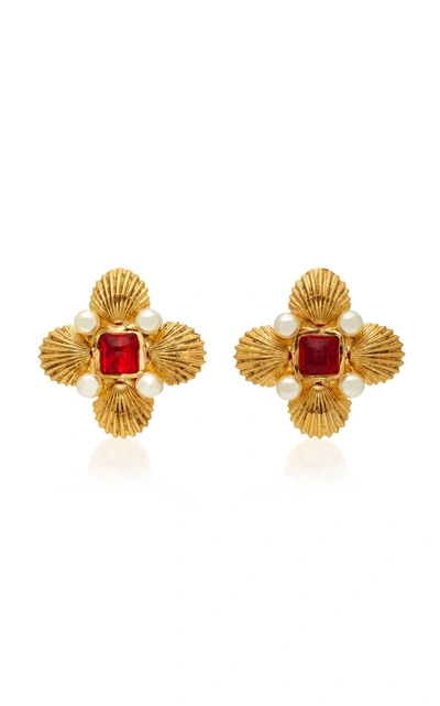 Gripoix Byzantine Shell 24k Gold-plated Brass Pearl And Poured Glass Clip Earrings In Red
