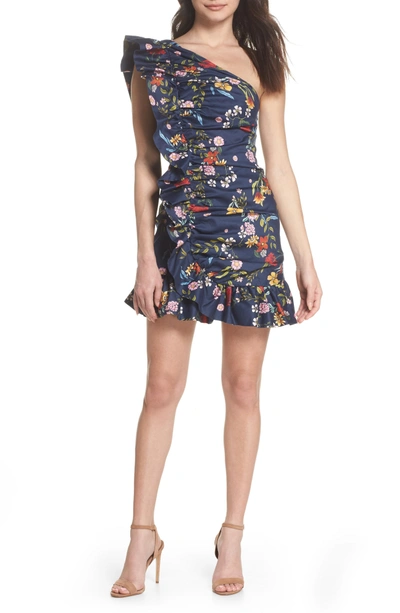 C/meo Collective C/meo No Matter One-shoulder Ruffle Minidress In Navy Floral