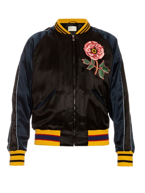 Gucci Flower And Snake Appliqué Satin Bomber Jacket In Black | ModeSens