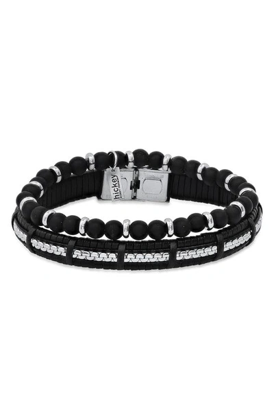 Hmy Jewelry Beaded Stainless Steel & Leather Bracelet Duo In Steel/ Black