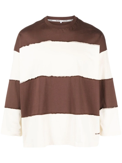 Sunnei Three-quarter Sleeved Cotton T-shirt In Brown/light Beige