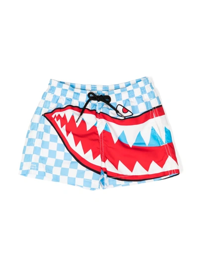Mc2 Saint Barth Kids'  Boys Blue Check Shark Print Swim Shorts
