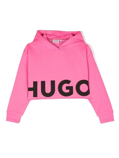 Hugo Kids'  Girls Pink Cropped Logo Hoodie