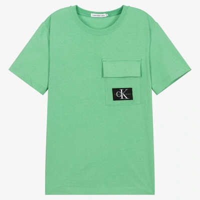 Calvin Klein Jeans Est.1978 Teen Boys Green Logo Badge Pocket T-shirt