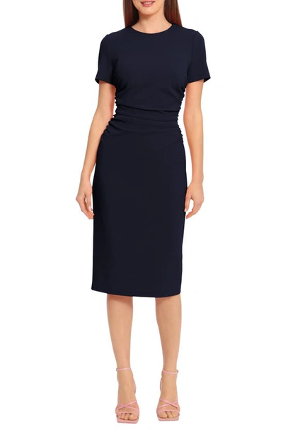 Maggy London Ruched Short Sleeve Midi Dress In Navy