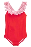 Boden Kids' Ruffle Broderie Anglaise Trim One-piece Swimsuit In Fire
