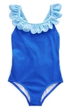 Boden Kids' Ruffle Broderie Anglaise Trim One-piece Swimsuit In Cobalt