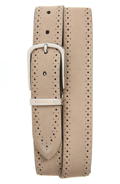 Canali Nubuck Leather Brogue Belt In Beige