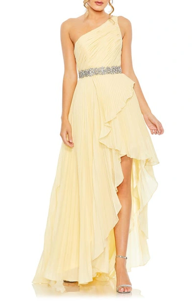 Mac Duggal Ruffle Pleated One-shoulder High-low Gown In Butter