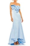 Mac Duggal Strapless Satin Mermaid Gown In Powder Blue