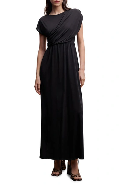 Mango Drape Front Satin Dress In Black