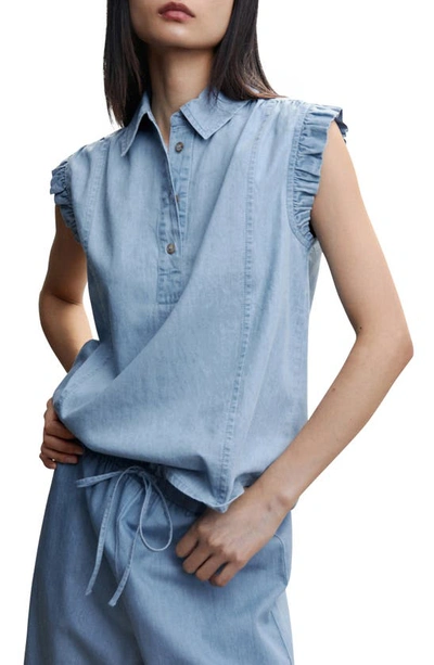 Mango Ruffle Cotton Top In Medium Blue