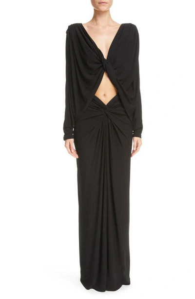 Saint Laurent Twist Front Cutout Long Sleeve Crepe Jersey Dress In Black