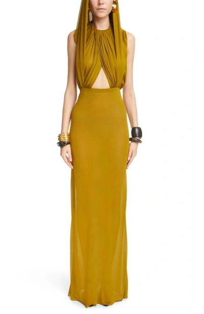 Saint Laurent Hooded Crepe Voile Jersey Gown In Vert Dore