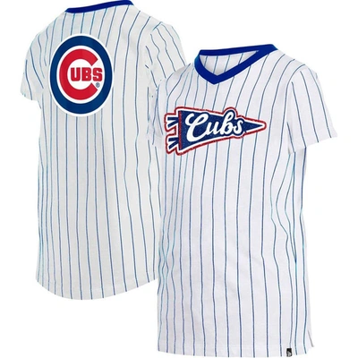 New Era Kids' Girls Youth  White Chicago Cubs Pinstripe V-neck T-shirt