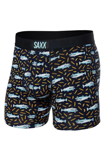 Saxx Vibe Super Soft Slim Fit Boxer Briefs In Fish And Chips- Navy