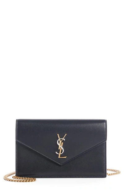 Saint Laurent Envelope Lambskin Leather Wallet On A Chain In Noir