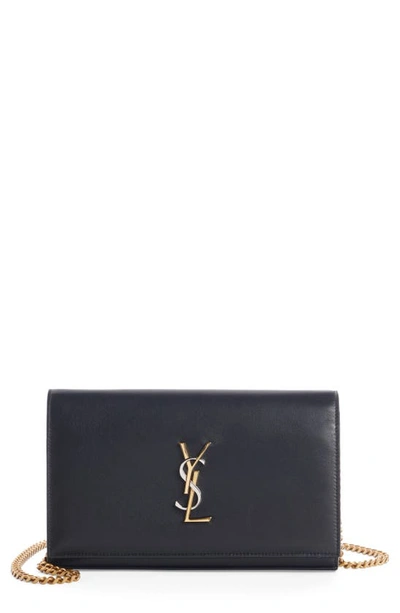 Saint Laurent Kate Leather Wallet On A Chain In Nero/ Trigalva