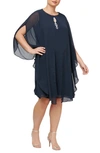 Slny High Neck Multi Chiffon Capelet & Dress 2-piece Set In Navy